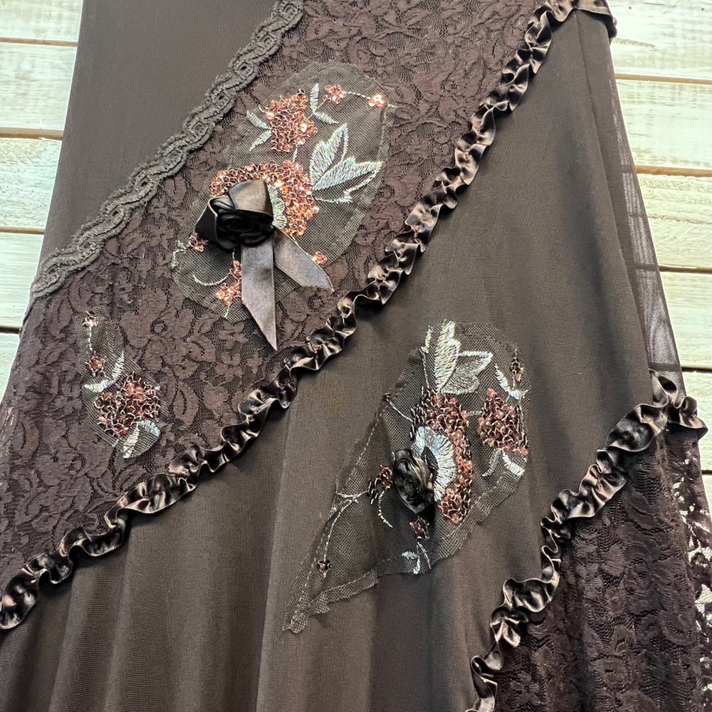 Vintage Boho Ruffle Sequin Embroidered Lace Mesh Midi Skirt Fairycore Y2K M - Picture 3 of 8